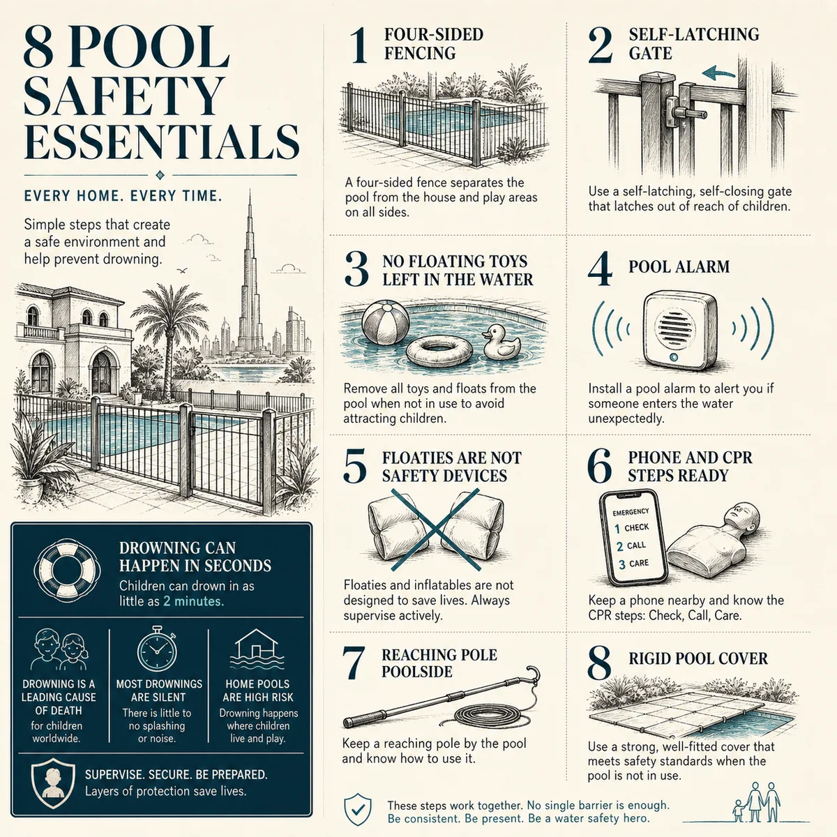Eight-step numbered checklist icons for pool safety: four-sided fencing, self-latching gate, no floating toys left in the water, pool alarm, floaties are not safety devices, phone and CPR steps ready, reaching pole poolside, rigid pool cover, charcoal linework, deep teal accent, print-magazine layout