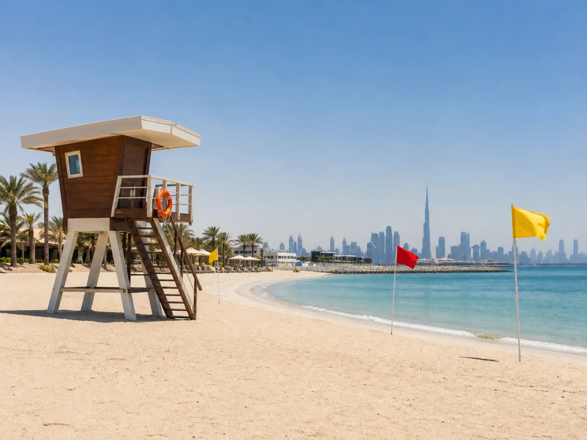 Dubai public beach with a lifeguard tower and coloured safety flags, wide clear afternoon shot, no swimmers in the water