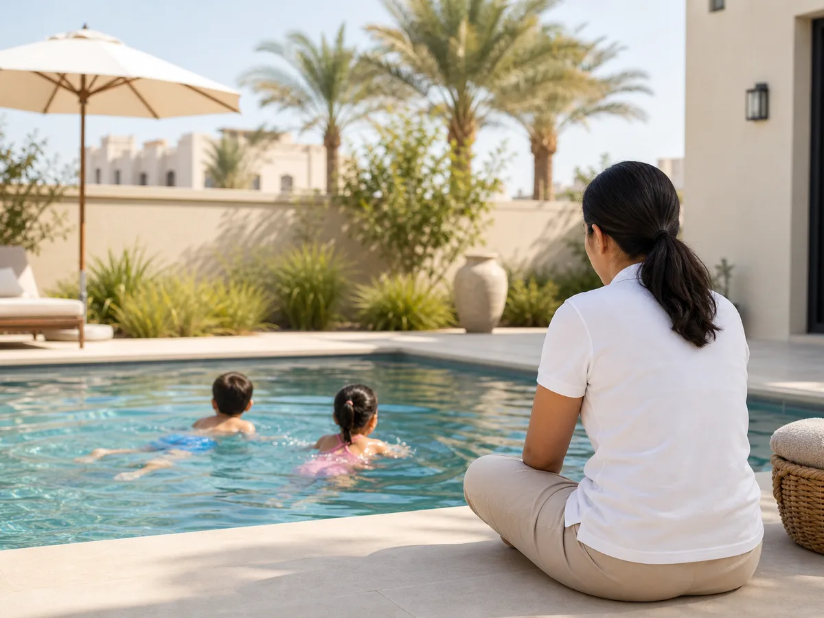 Nanny sitting poolside at a Dubai villa, attentively watching two children swim, sunny afternoon, editorial documentary style