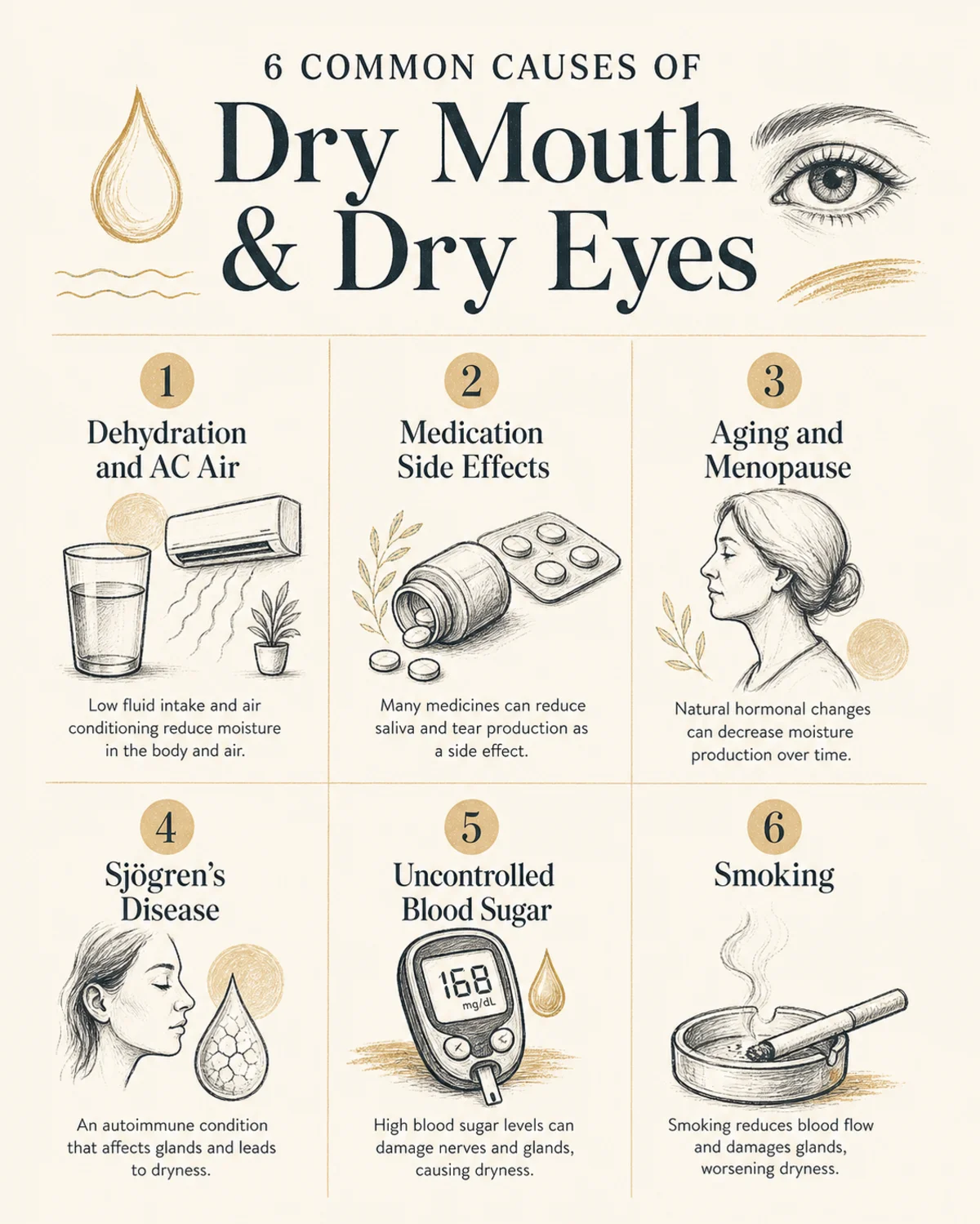 Stat grid with six causes of dry mouth and dry eyes: dehydration and AC air, medication side effects, aging and menopause, Sjögren's disease, uncontrolled blood sugar, smoking, charcoal hand-drawn linework, pale-gold accents, bone background