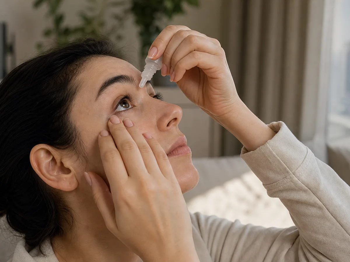 Close-up of a woman applying preservative-free artificial tears at home, natural window light