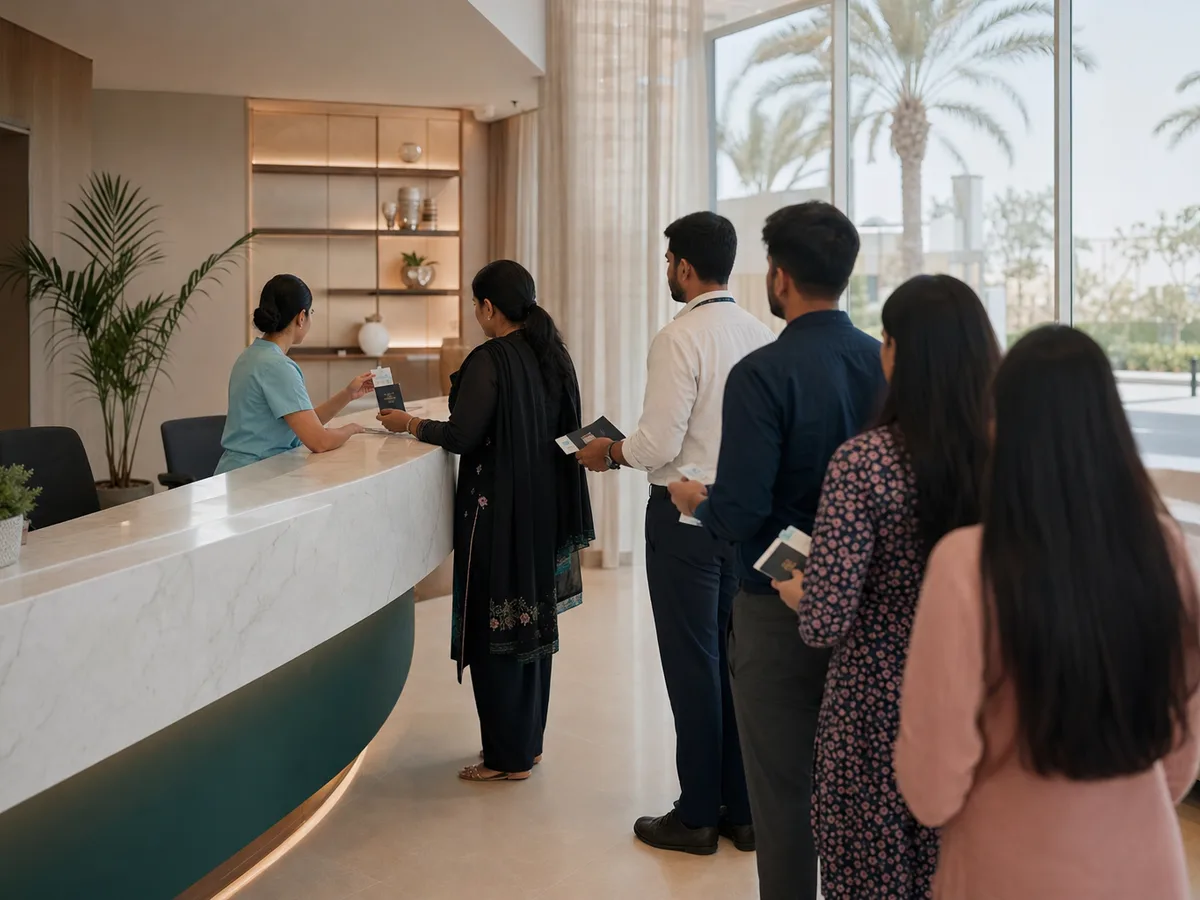 Reception desk at a Dubai medical fitness center, a queue of applicants holding passports and Emirates ID cards