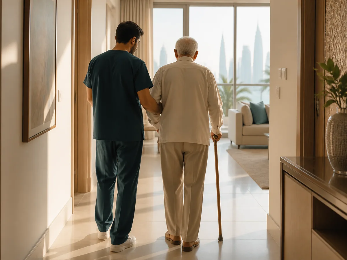 A caregiver helping an elderly man walk with a cane through a sunlit hallway in a Dubai apartment, close attentive support