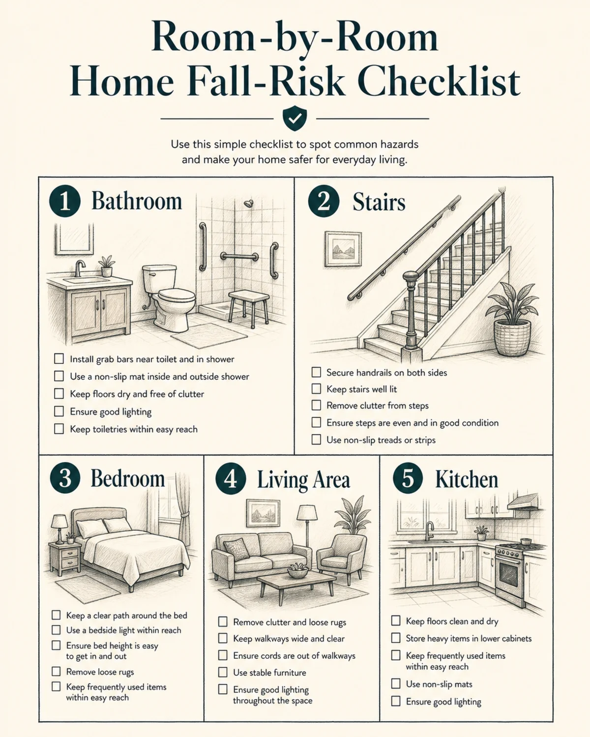 Room-by-room home fall-risk checklist: bathroom, stairs, bedroom, living area, kitchen. Five labeled icons in a grid, charcoal hand-drawn linework, deep teal accent, bone background