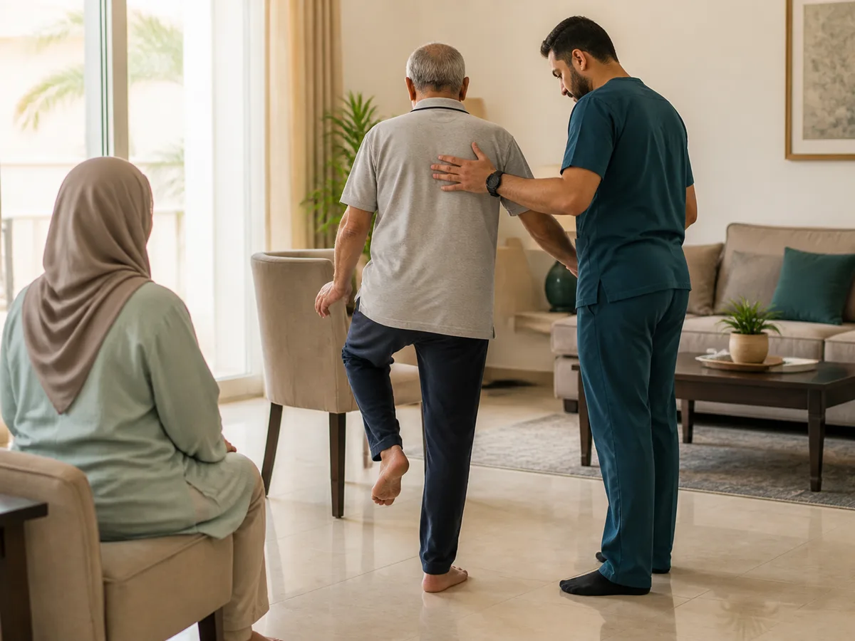 DHA-licensed physiotherapist guiding an elderly man through a standing balance exercise in his living room, tiled floor, daughter nearby