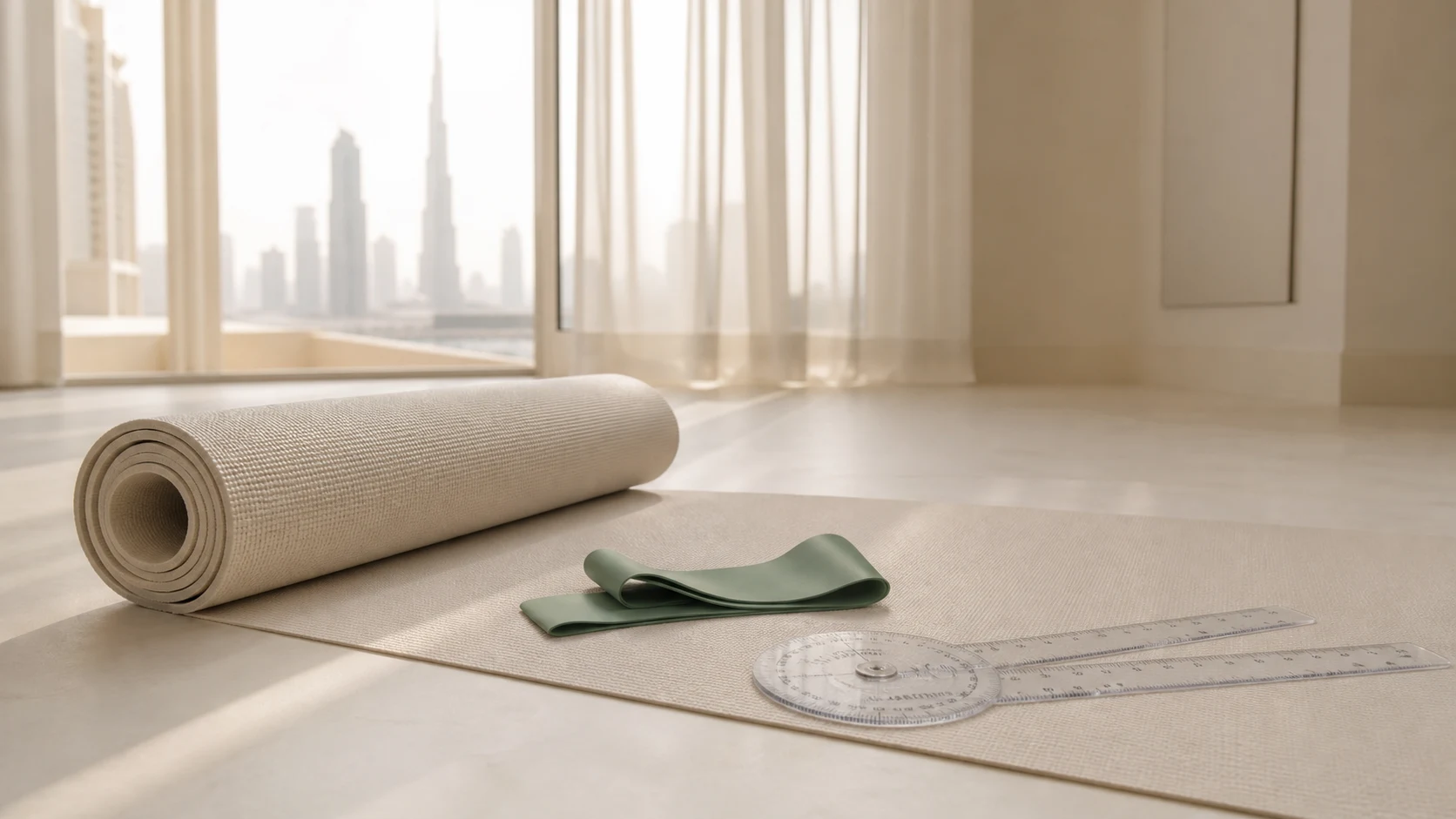 Physiotherapist's exercise mat, resistance band and goniometer on a sunlit living-room floor in Dubai