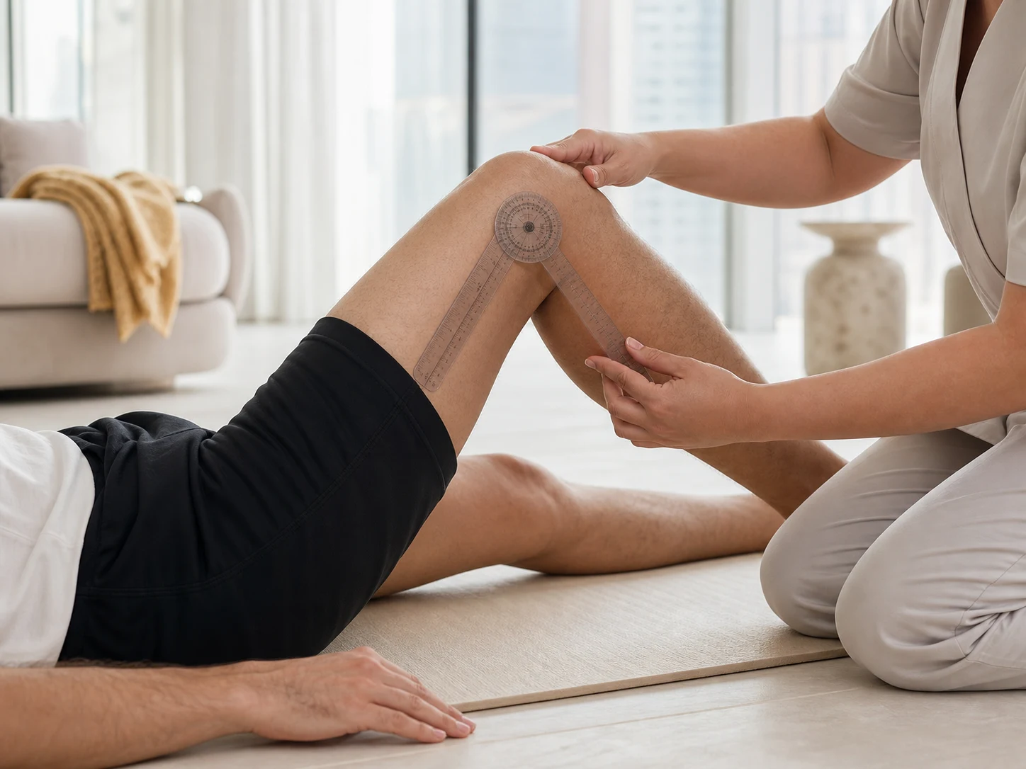 Physiotherapist measuring a patient's knee range of motion with a goniometer on a Dubai living-room floor