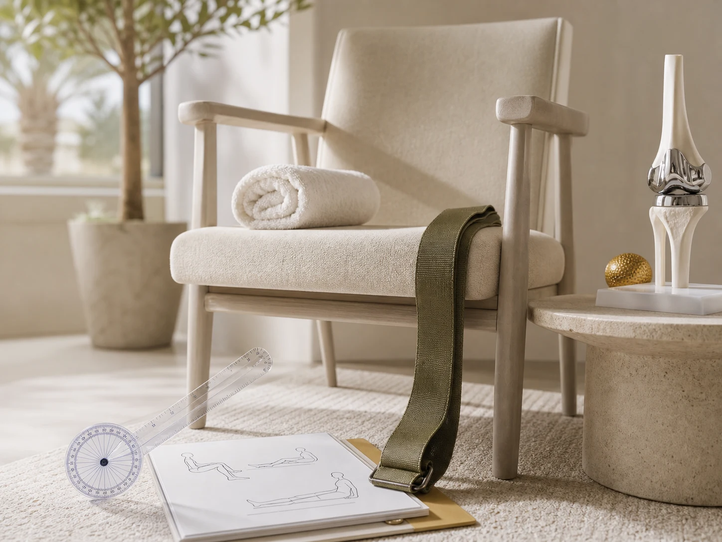 Home physiotherapy session guiding early knee-bend exercises after a total knee replacement