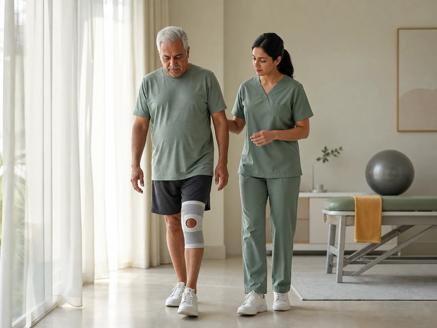 A physiotherapist walking beside an older patient regaining unassisted gait after knee surgery