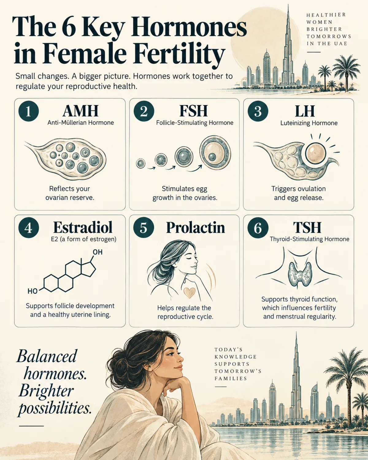 Stat grid of the 6 core female fertility hormones, AMH, FSH, LH, Estradiol, Prolactin, TSH, each with a one-line role label and simple icon, charcoal linework, deep teal accents