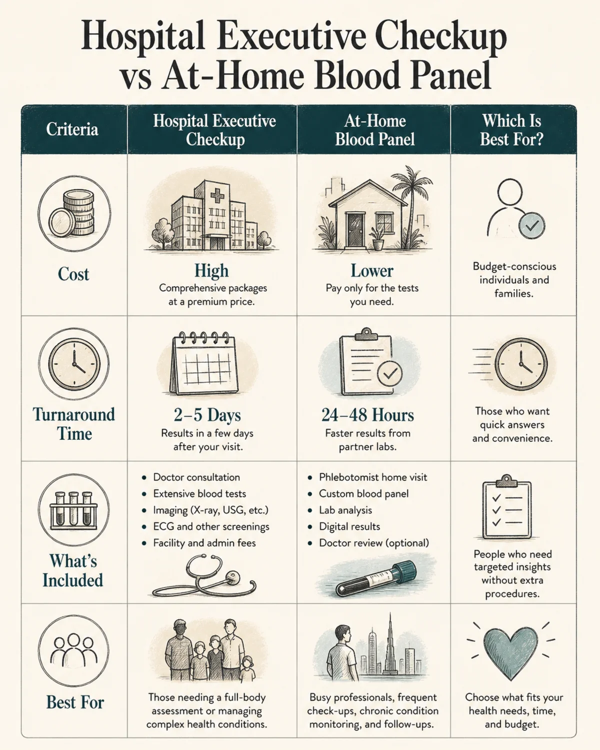 Comparison of hospital executive checkup vs at-home blood panel: cost, turnaround, what's included, best-for. Four-column layout, charcoal hand-drawn linework, deep-teal accent, bone background, legible labels