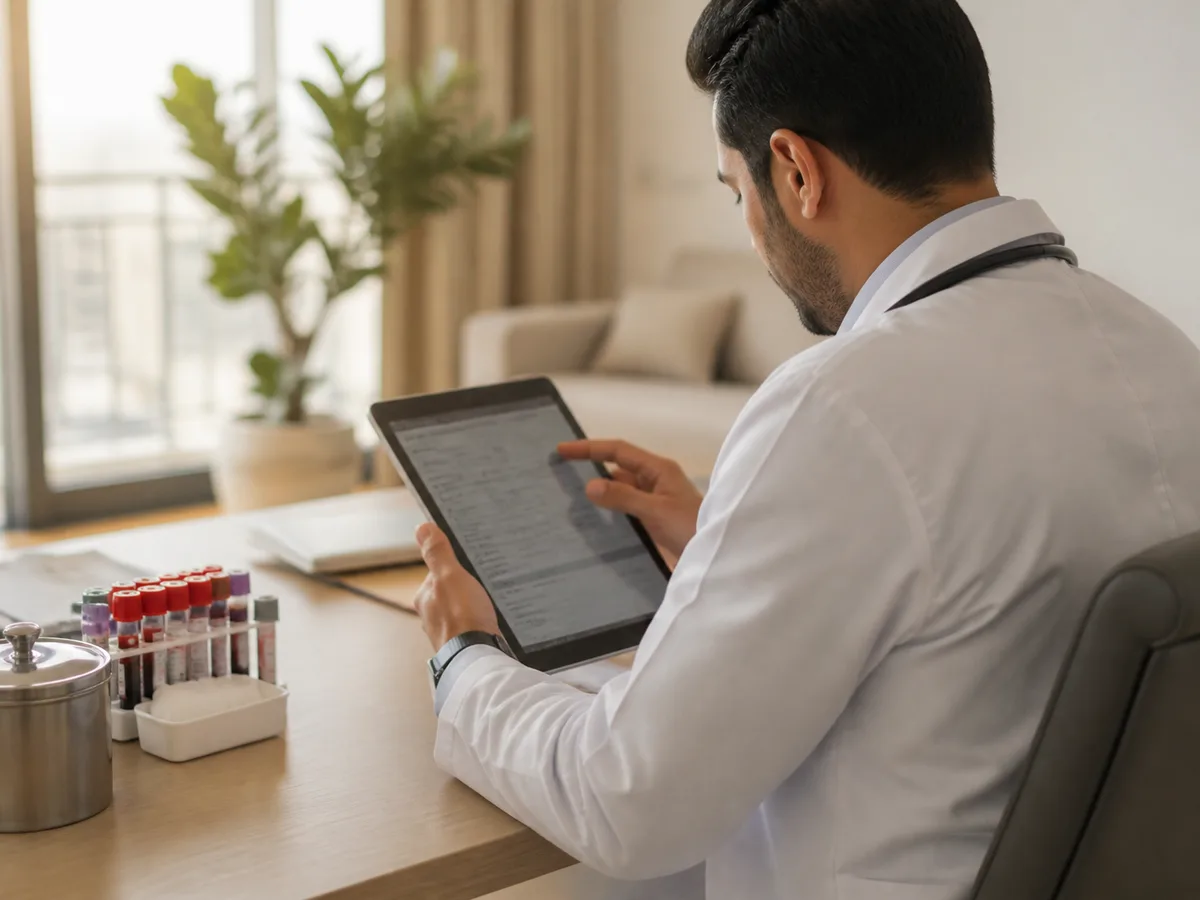 Doctor reviewing a lab report on a tablet at a desk, blood sample tubes visible in the foreground