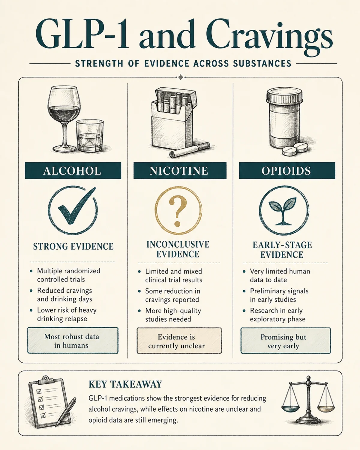 Comparison infographic: strength of evidence for GLP-1 and cravings across alcohol, nicotine, and opioids, three labeled columns with a checkmark, question mark, and early-stage icon, charcoal linework with deep teal accent