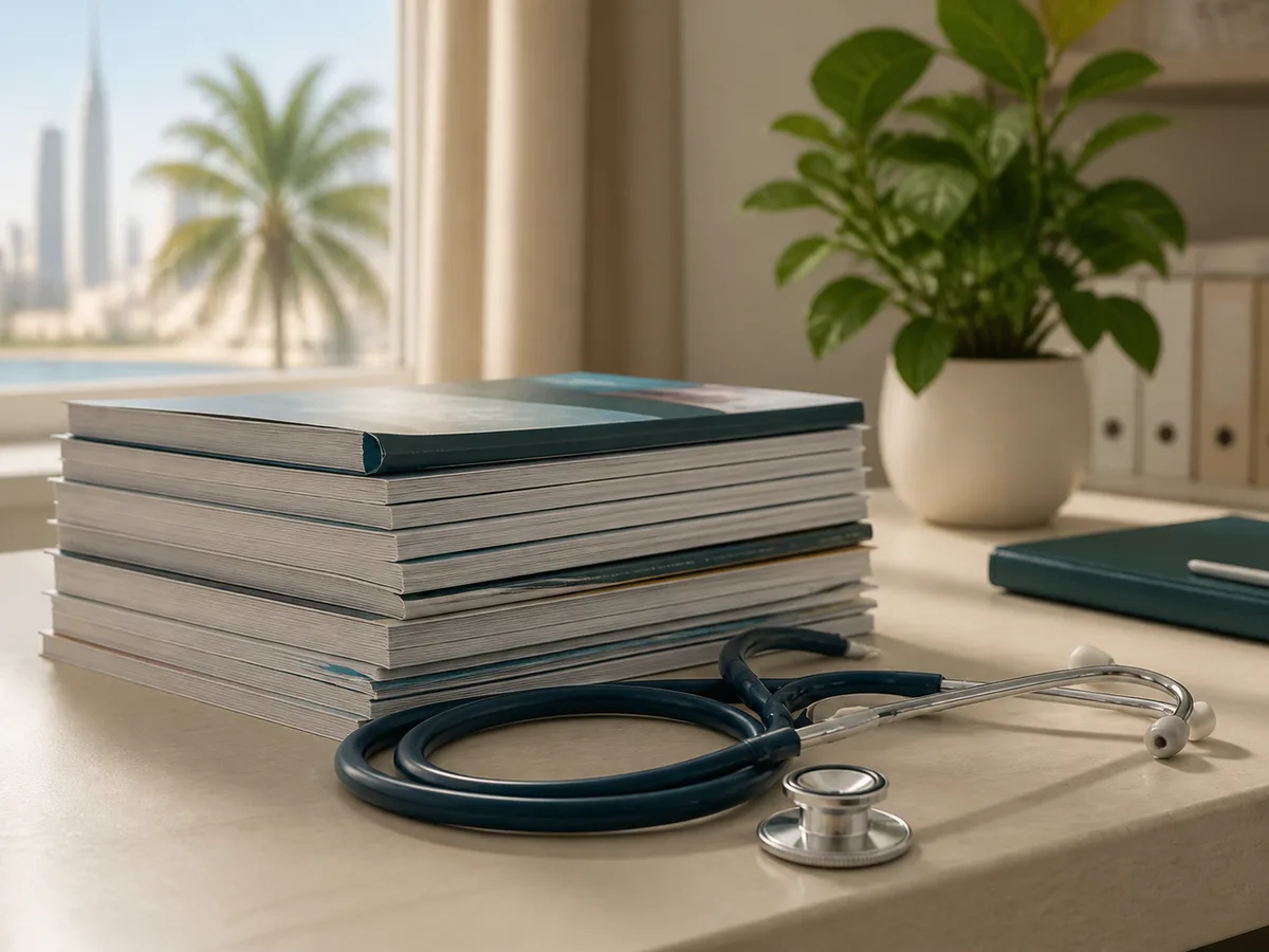 Stack of medical research journals and a stethoscope on a clinic desk, soft daylight