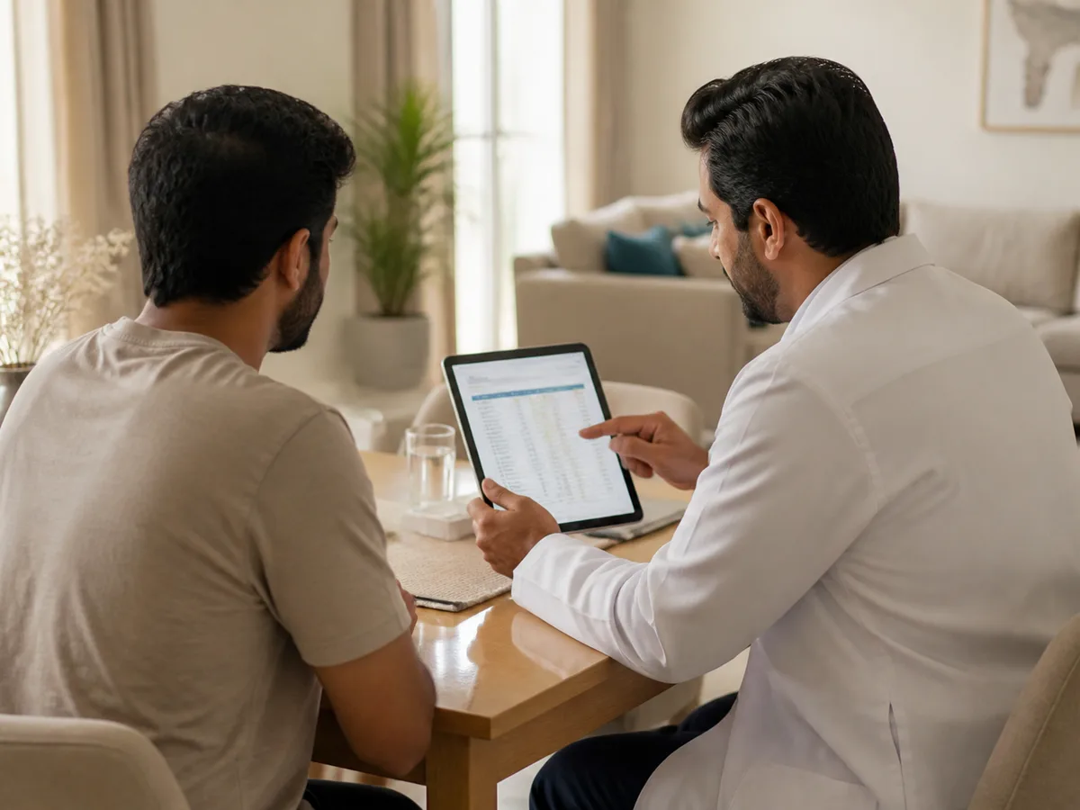 Doctor reviewing a lab report on a tablet with a patient at a home consultation table, pointing to a highlighted result