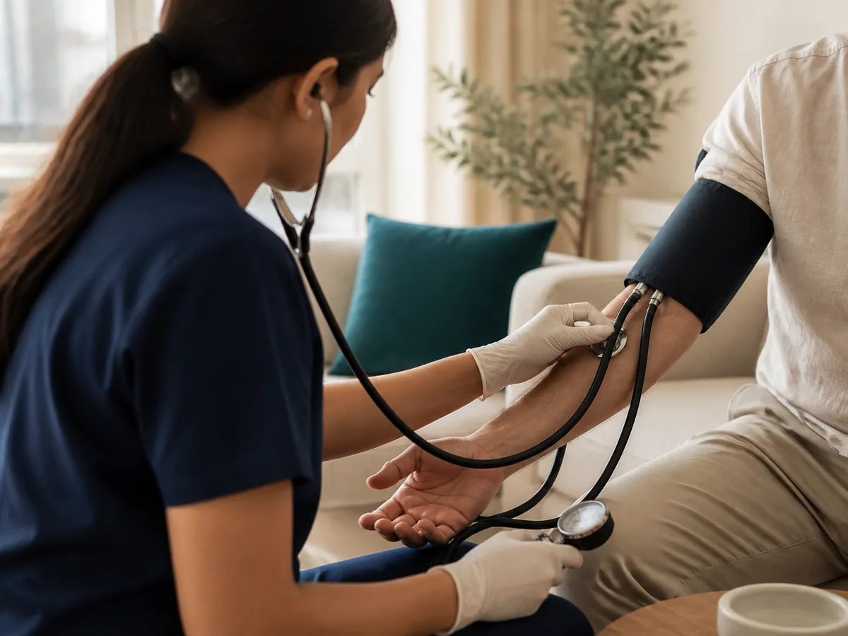 Close-up of a DHA-licensed nurse checking a guest's blood pressure before starting an IV line, Dubai home interior, natural light
