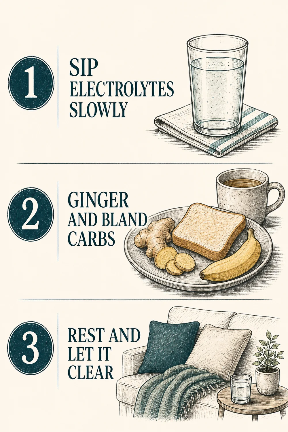 Three-step numbered flow for settling hangover nausea: step 1 sip electrolytes slowly, step 2 ginger and bland carbs, step 3 rest and let it clear. Hand-drawn linework, charcoal lines, deep teal accent, legible labels