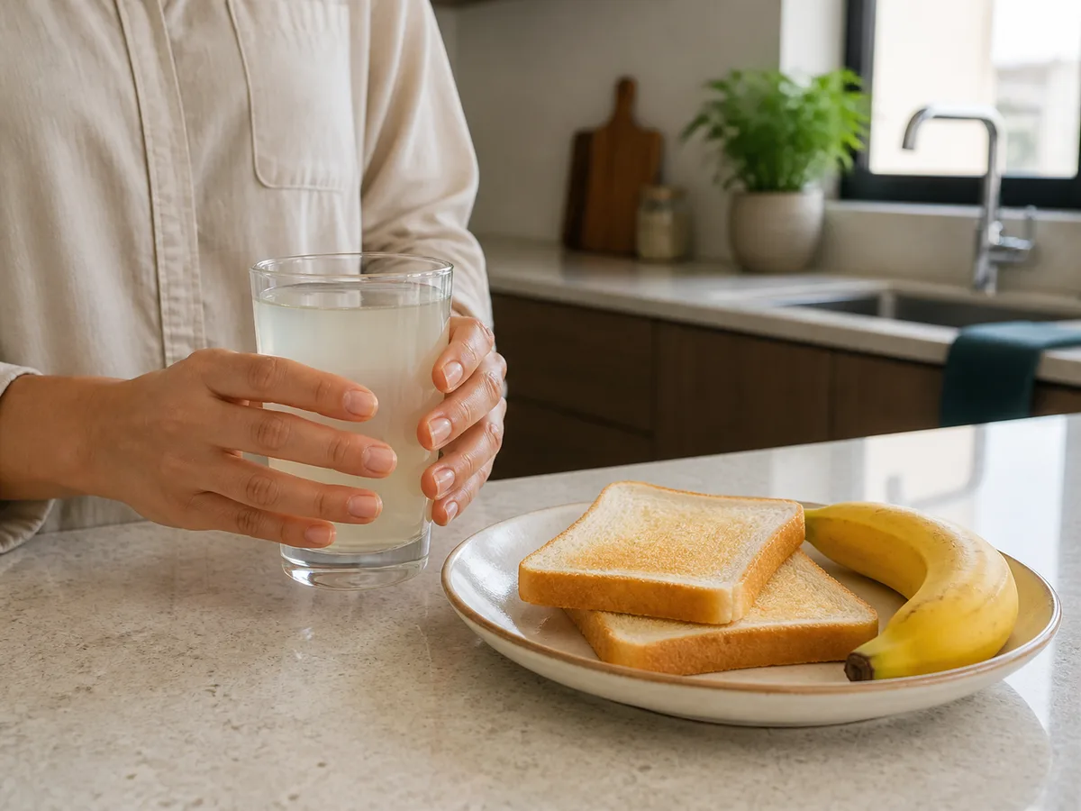 Hands holding a glass of electrolyte solution beside a plate of plain toast and a banana on a kitchen counter