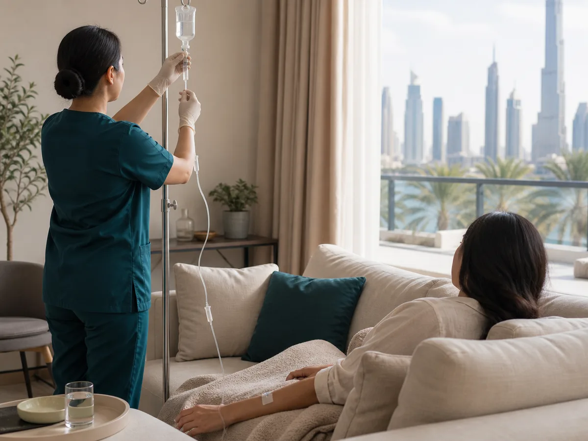DHA-licensed nurse setting up an IV drip for a patient resting on a sofa in a Dubai apartment, soft daytime light through the window