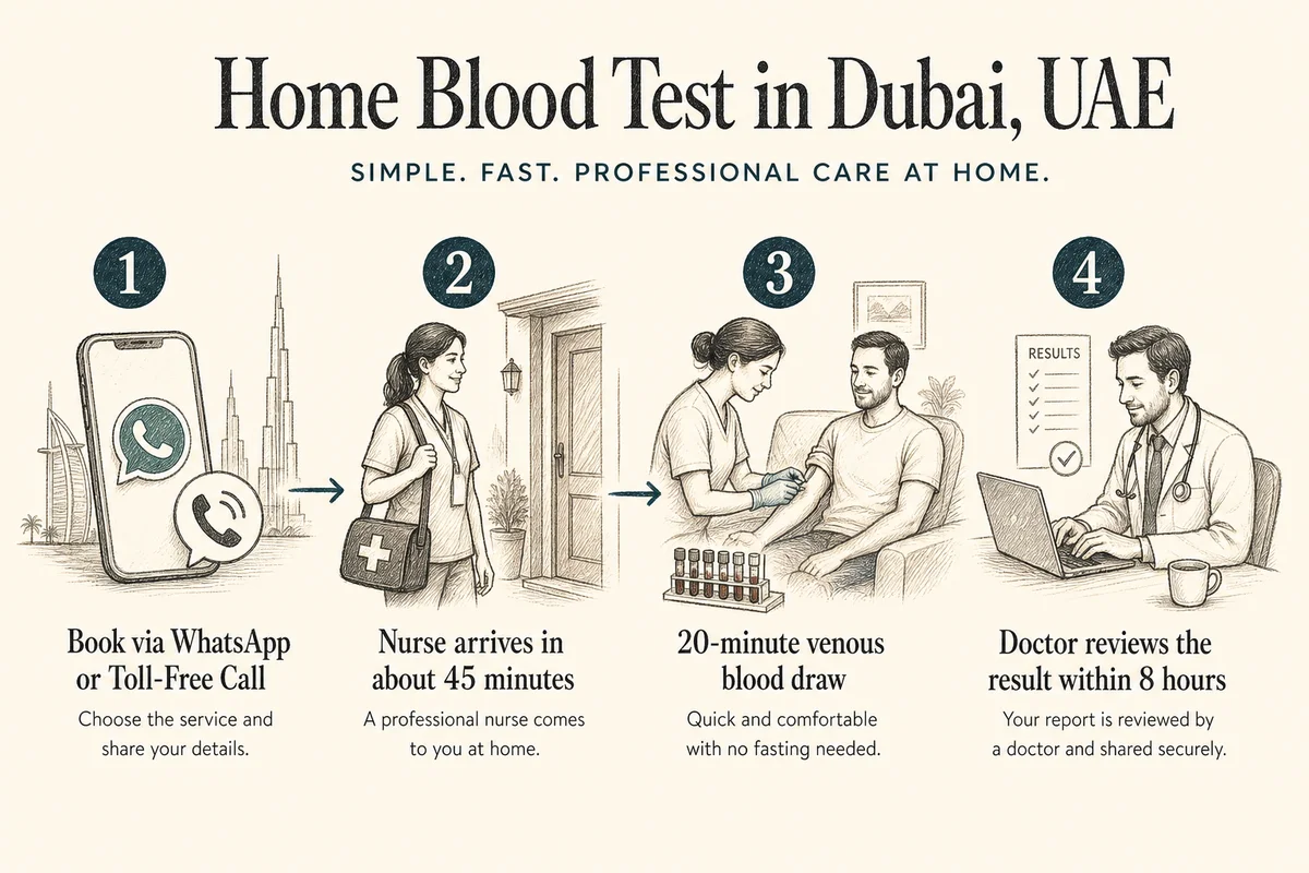 Four-step flow diagram: book via WhatsApp or toll-free call, nurse arrives in about 45 minutes, 20-minute venous blood draw with no fasting needed, doctor reviews the result within 8 hours. Charcoal hand-drawn linework, numbered circular icons, deep teal accent arrows connecting each step left to right