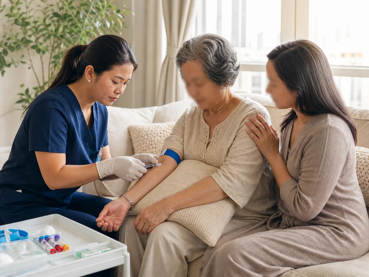 Adult daughter sitting beside her elderly mother on a sofa in a Dubai apartment while a nurse draws a blood sample from the mother's arm, warm afternoon light
