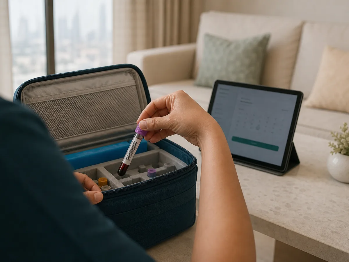 Close-up of a labeled blood sample vial being placed into a nurse's cooler bag beside a tablet showing a booking confirmation screen, Dubai home setting