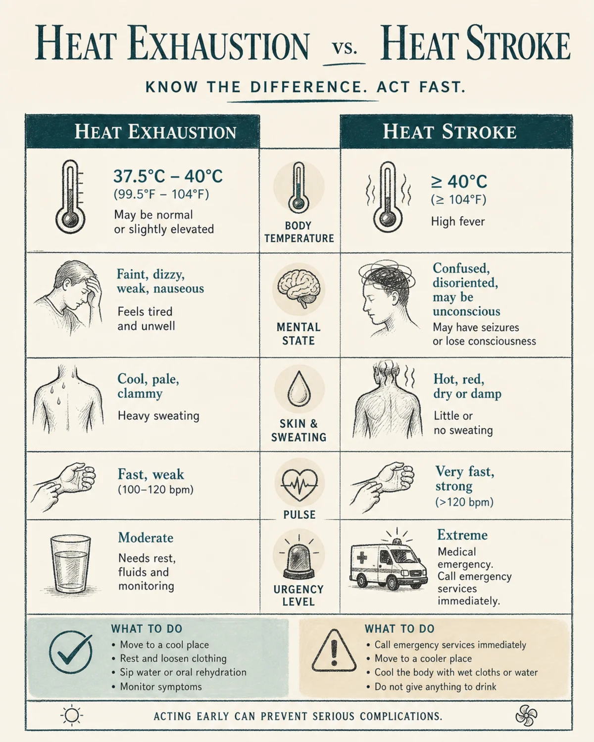 Two-column comparison chart: Heat Exhaustion vs Heat Stroke across body temperature, mental state, skin and sweating, pulse, and urgency level, charcoal hand-drawn linework, deep teal accent, print-magazine layout, legible labels