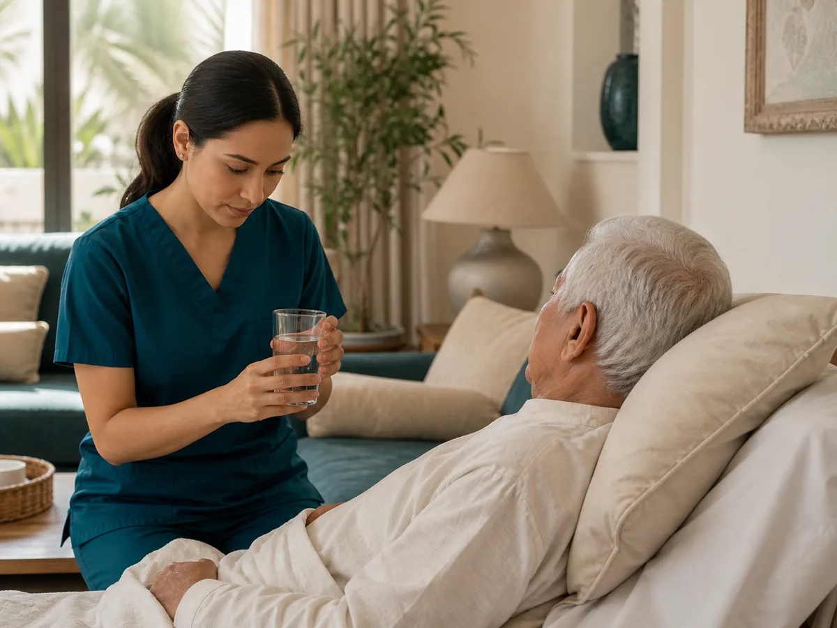 DHA-licensed nurse checking a glass of electrolyte water beside an elderly patient resting in a shaded Dubai living room, calm afternoon light, editorial documentary style