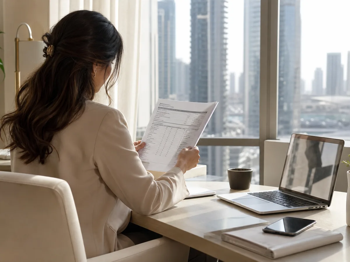 A nursery teacher in professional attire reviewing a printed lab report at a bright office desk in Dubai, calm daylight, no faces in close detail