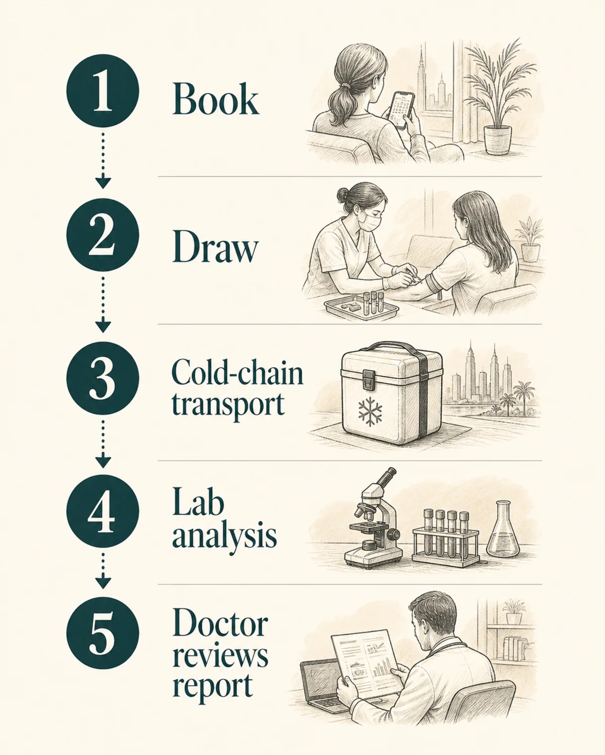 Five-step numbered flow diagram: Book, Draw, Cold-chain transport, Lab analysis, Doctor reviews report. Charcoal linework, deep teal accent, legible labels