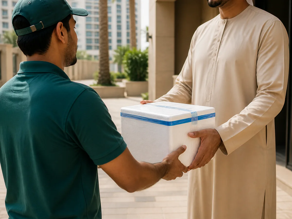 Courier handing off a sealed cold-chain sample box outside a Dubai apartment building