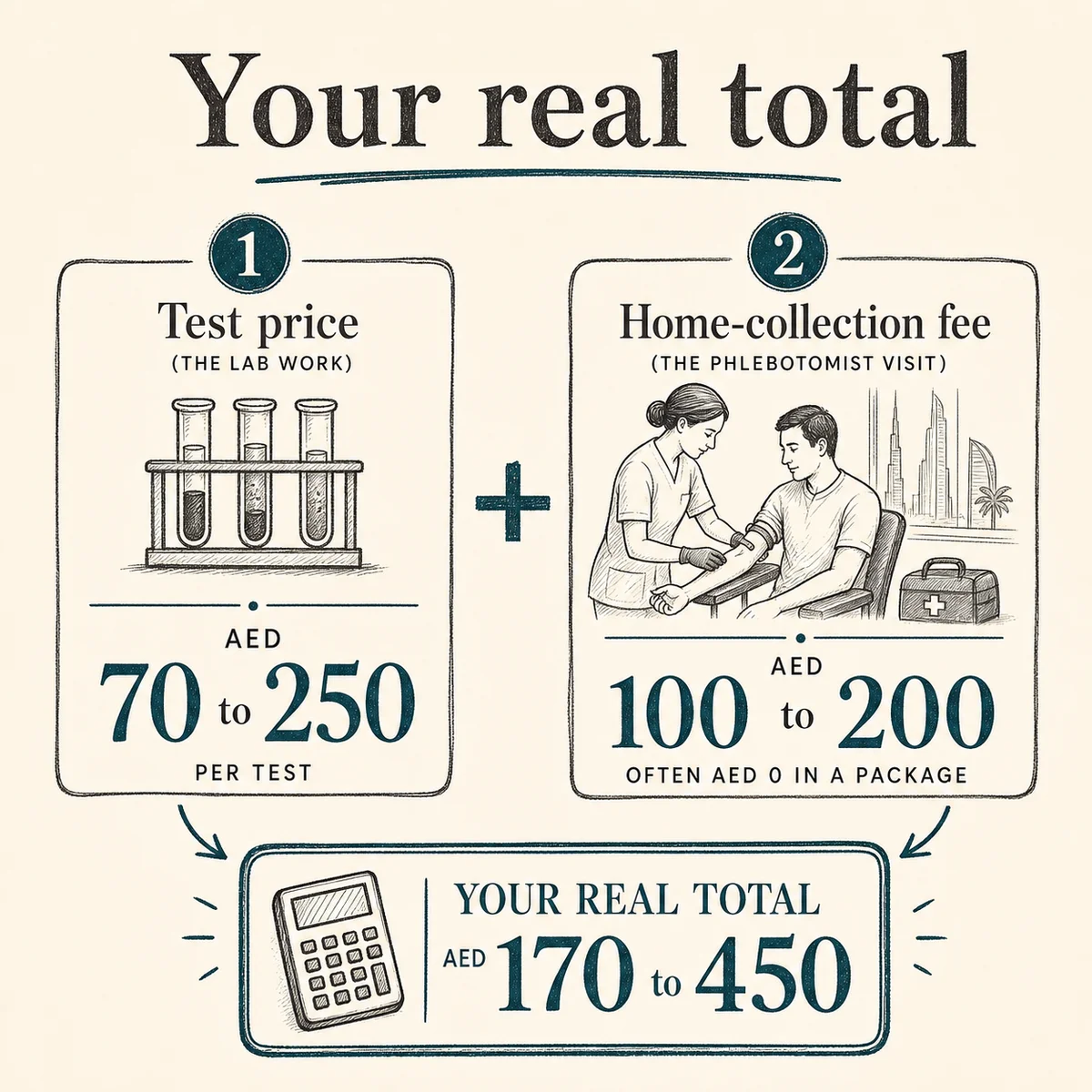 Two-part cost breakdown infographic titled "Your real total". Left column "Test price (the lab work) AED 70 to 250 per test", right column "Home-collection fee (the phlebotomist visit) AED 100 to 200, often AED 0 in a package", joined by a plus sign to a boxed total. Charcoal hand-drawn linework, deep-teal accent, bone background, legible labels
