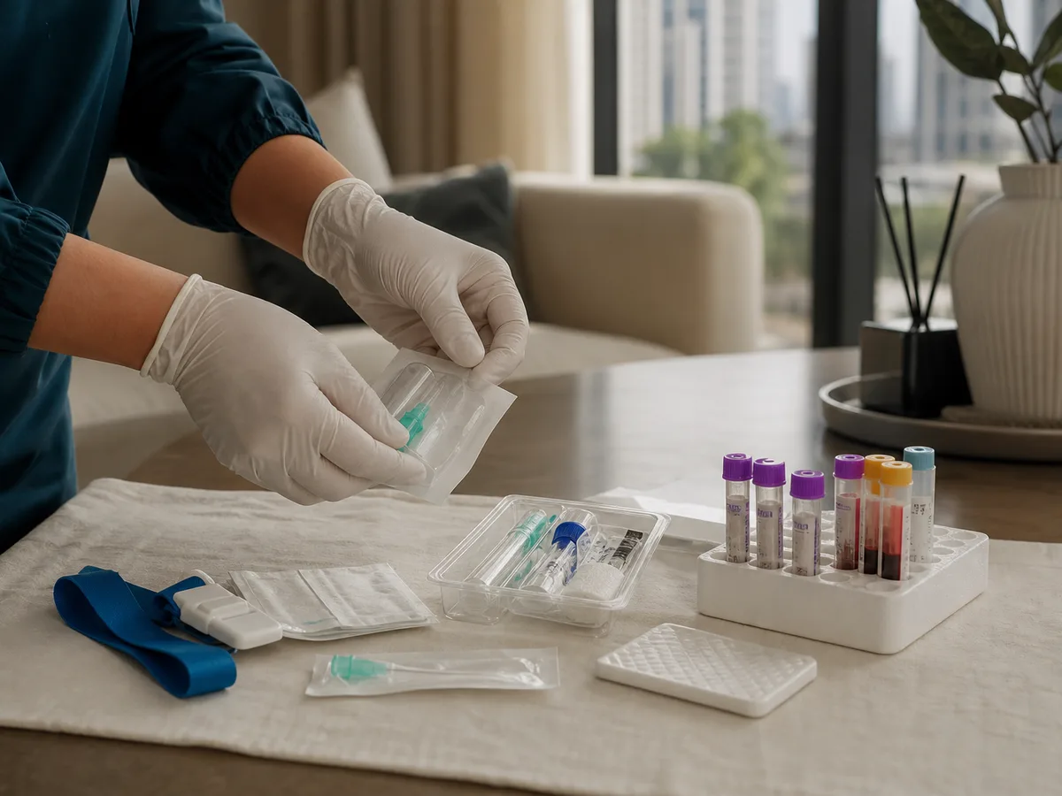 A phlebotomist's gloved hands laying out a sterile single-use blood collection kit and labelled tubes on a clean dining table in a Dubai home, soft morning light through a window, no faces visible