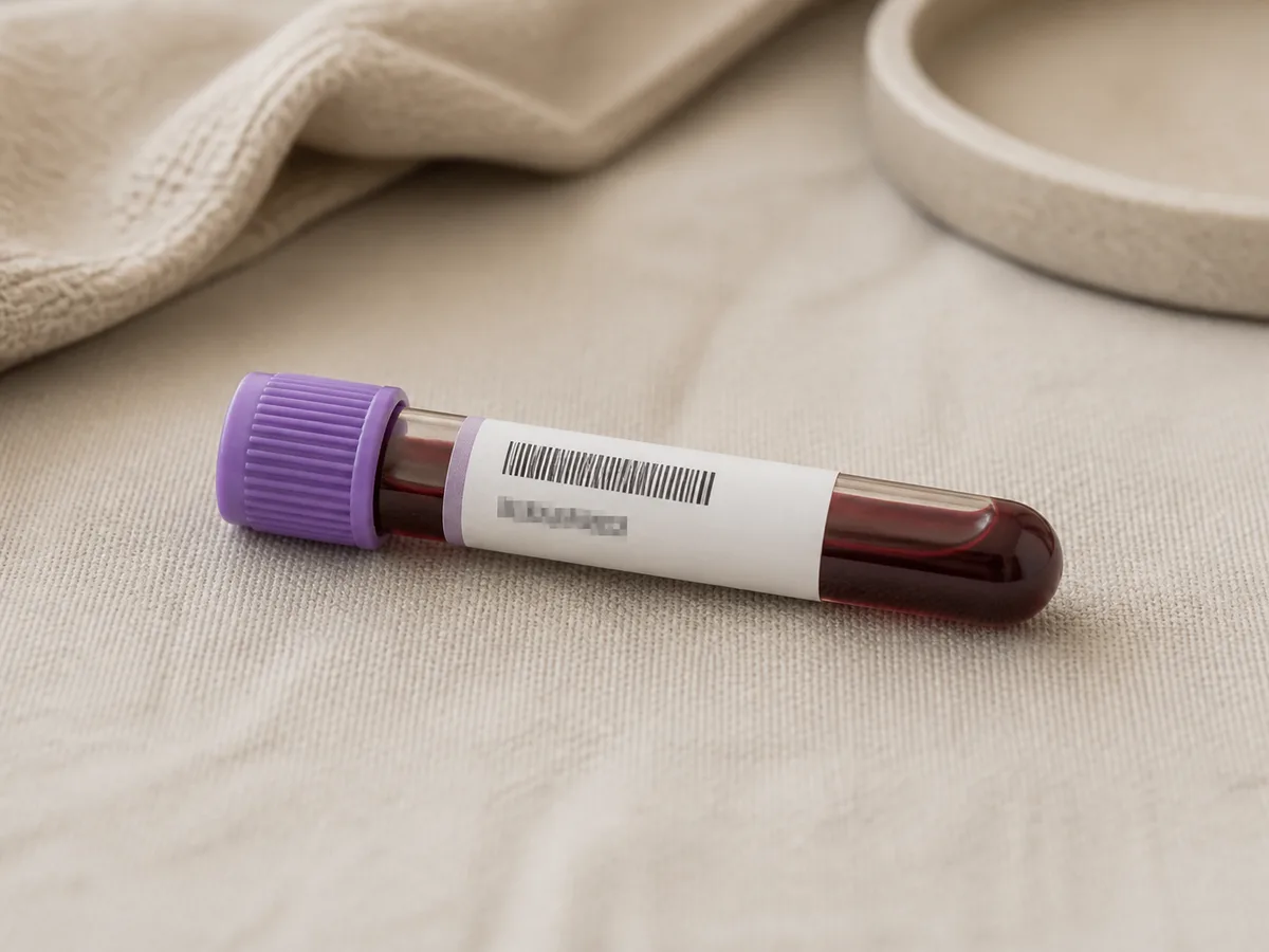 Editorial still life of a single sealed blood-collection tube with a patient ID label resting on neutral linen, calm clinical lighting, no faces, no syringe imagery