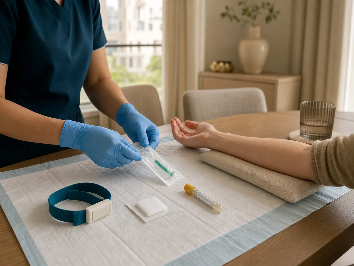 DHA-licensed nurse in a private home in Dubai preparing a blood draw at a dining table: blue nitrile gloves, butterfly needle in sterile wrap, alcohol swab and labelled vacutainer tube laid out on a folded clinical drape, soft natural morning light through a window, calm and unhurried, patient's forearm rested on a small cushion, no faces visible, dignified clinical composition