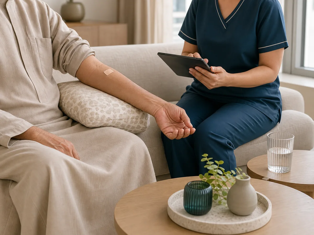 Elderly Dubai resident seated on a sofa in a softly lit living room, a DHA-licensed nurse beside them recording vitals on a tablet after a completed blood draw, a small bandage on the forearm, a glass of water on the side table, calm domestic scene, dignified, no faces in close detail