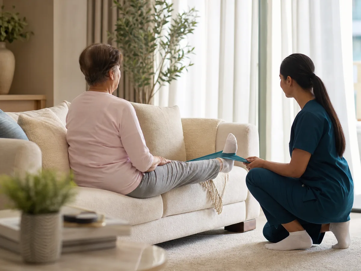 Home physiotherapist guiding an older woman through a seated knee-extension exercise on a living-room sofa, theraband around the ankle, soft morning light, calm domestic setting, no logos