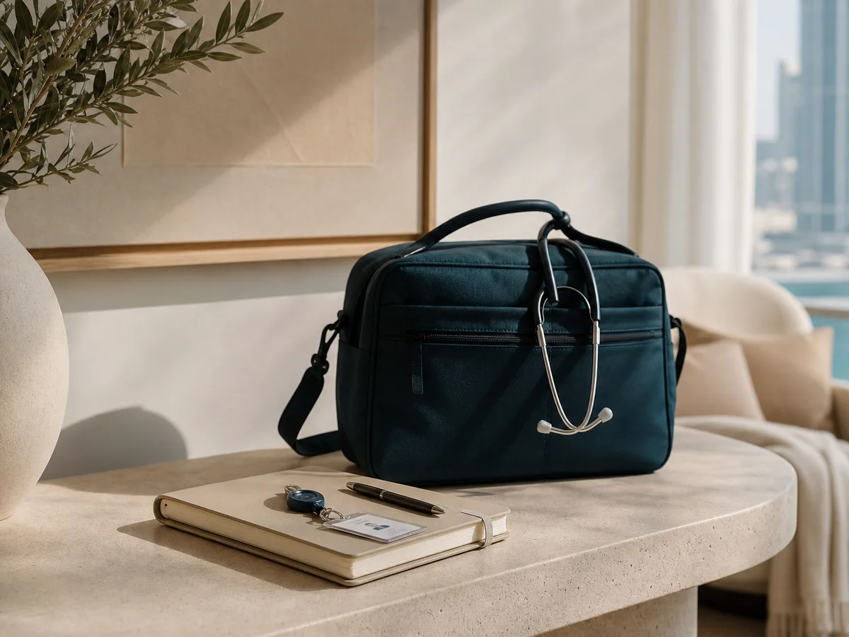 Editorial still-life of a doctor's medical bag, DHA badge, and a notebook on a neutral console table in a Dubai apartment, soft morning light, no people