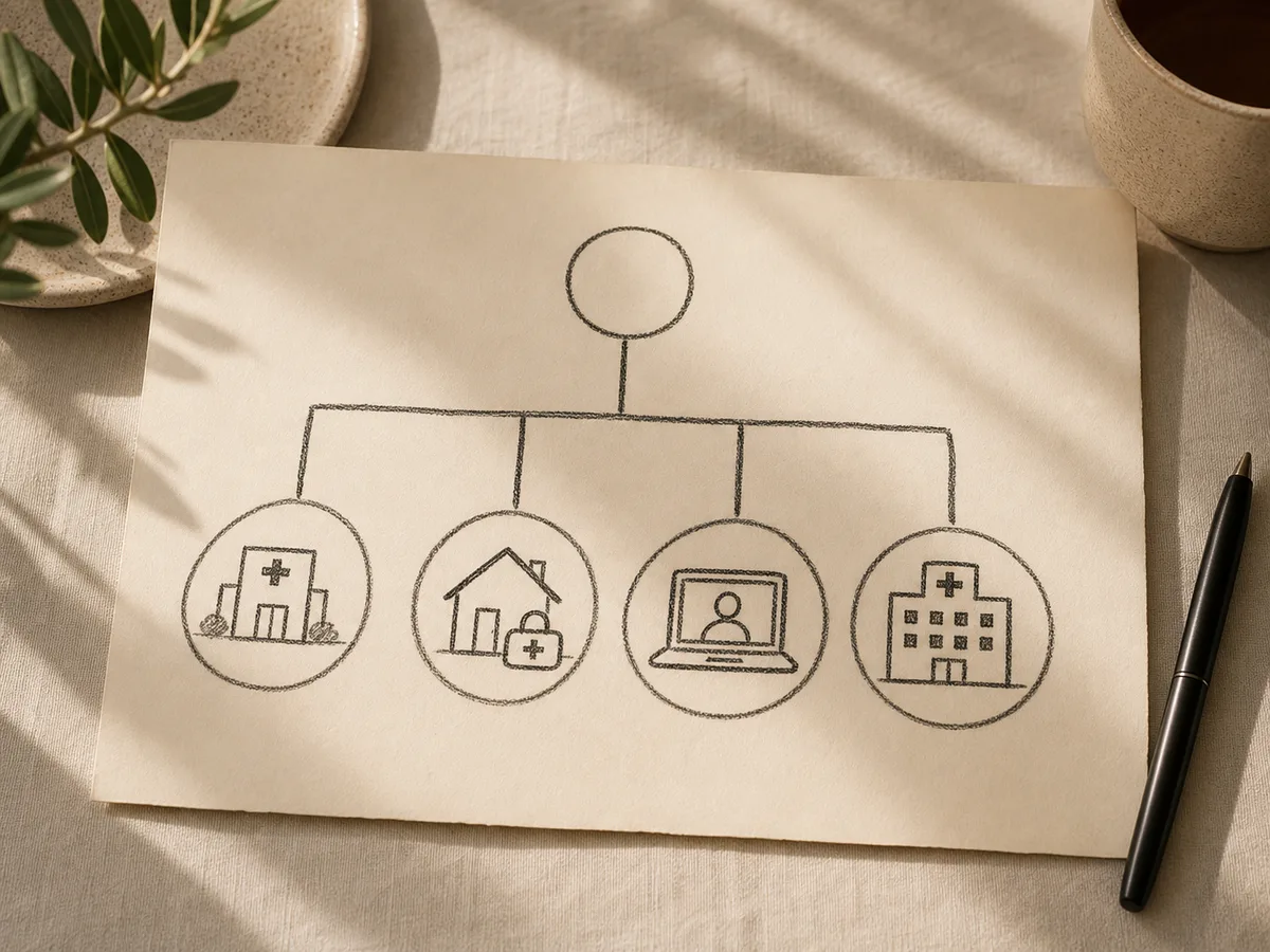 Hand-drawn decision-tree style diagram showing four routes labeled clinic, home doctor, telemedicine, hospital outpatient, charcoal lines on cream background