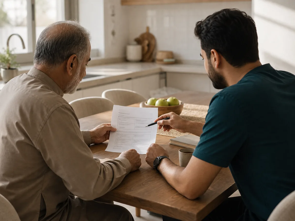 Older patient at home reviewing a written care plan with a doctor at the kitchen table, no white coats, calm tone