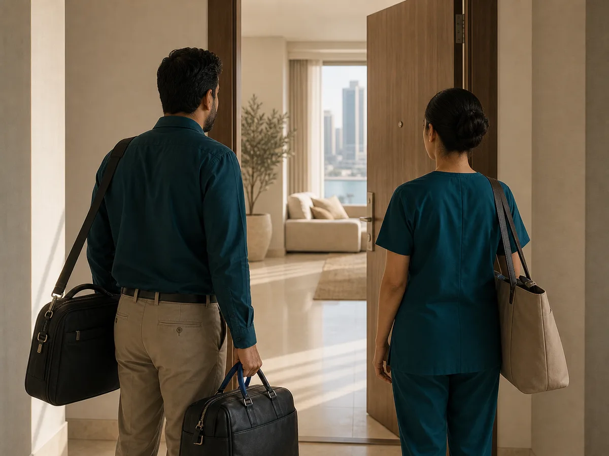 Doctor and home nurse arriving together at an apartment door in Dubai, professional bags, neutral lighting, anonymised silhouettes