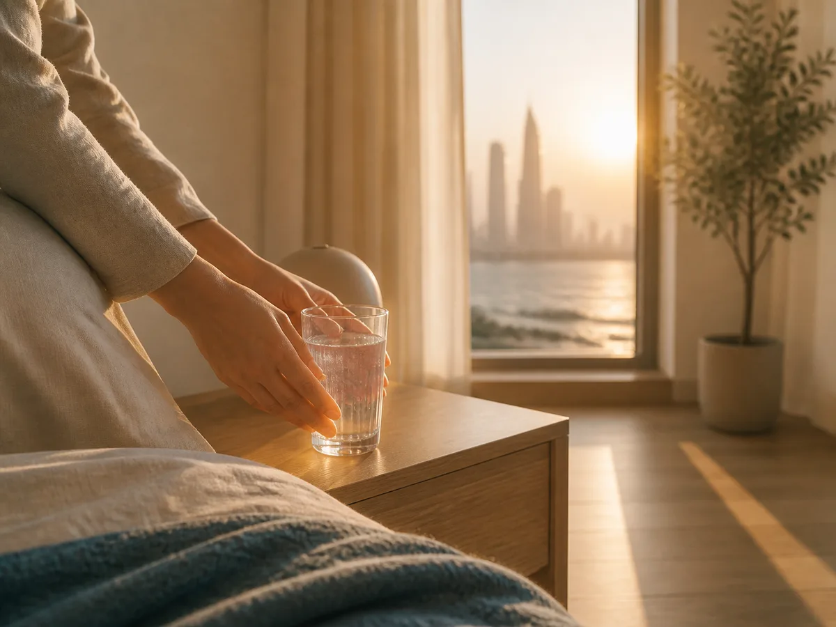 Hands placing a glass of water on a bedside table at sunrise, sunlight crossing a wooden floor, calm morning composition