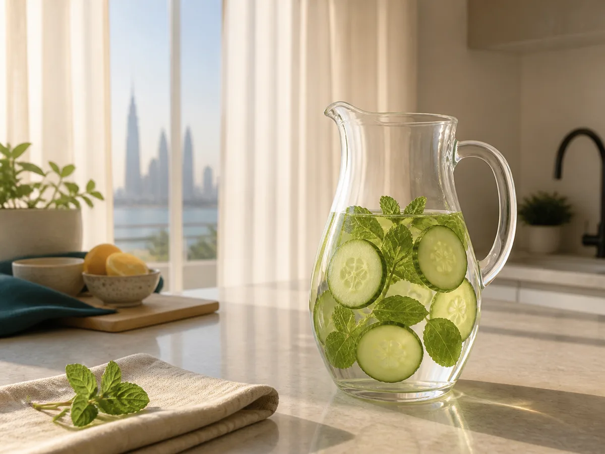 A clean glass jug of water with cucumber and mint slices on a kitchen counter, morning Dubai light through sheer curtains