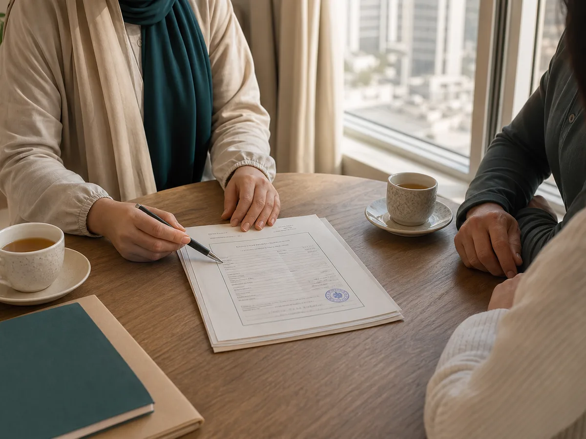 A coordinator and a family at a small wooden table reviewing a stamped MoHRE domestic-worker contract, two cups of tea, soft afternoon light through a Dubai apartment window, calm and quiet, no faces visible
