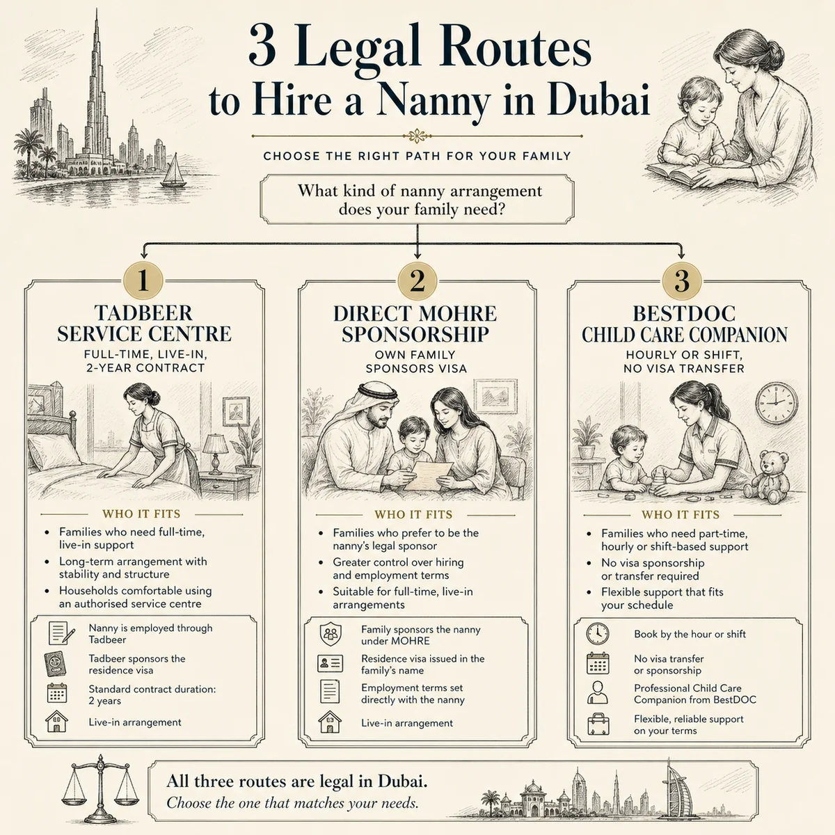 Decision-tree infographic with three labeled branches showing the three legal routes to hire a nanny in Dubai: 1 Tadbeer service centre (full-time, live-in, 2-year contract), 2 Direct MoHRE sponsorship (own family sponsors visa), 3 BestDOC Child Care Companion (hourly or shift, no visa transfer). Each branch lists who it fits, charcoal linework on bone background, pale-gold numbered labels and thin connector arrows, 1900s scientific-plate style