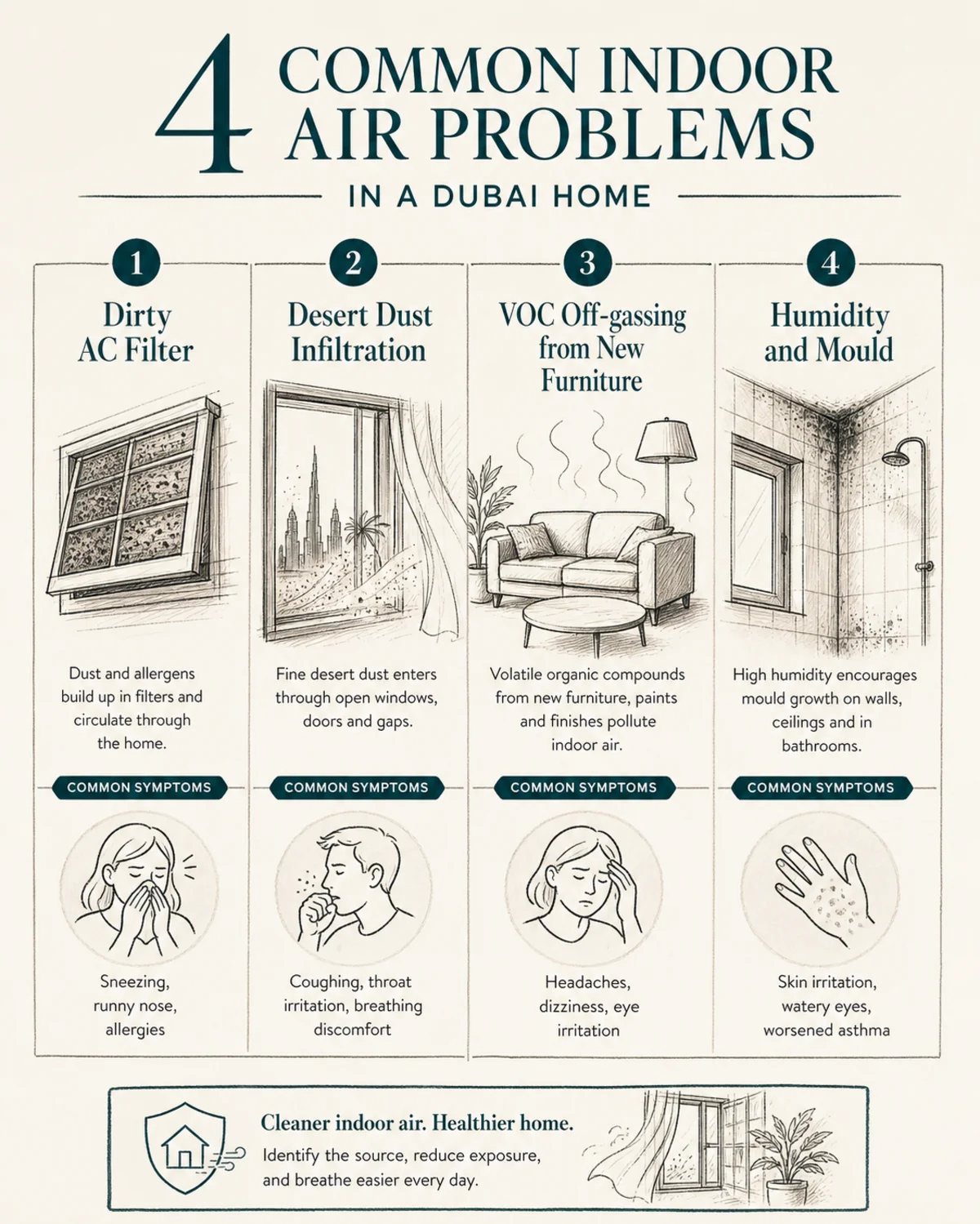 Four common indoor air problems in a Dubai home shown as a labeled grid: dirty AC filter, desert dust infiltration, VOC off-gassing from new furniture, humidity and mould, each paired with a matching symptom icon, charcoal linework on bone background with deep teal accents