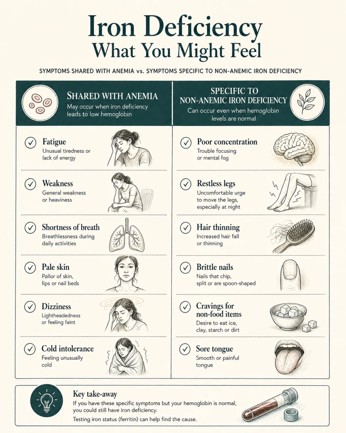 Two-column comparison: symptoms shared with anemia vs symptoms specific to non-anemic iron deficiency, checklist layout, charcoal lines, deep teal accent