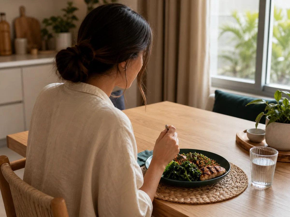 Woman sitting at a kitchen table eating a plate of leafy greens, lentils, and grilled meat, natural daylight from a window