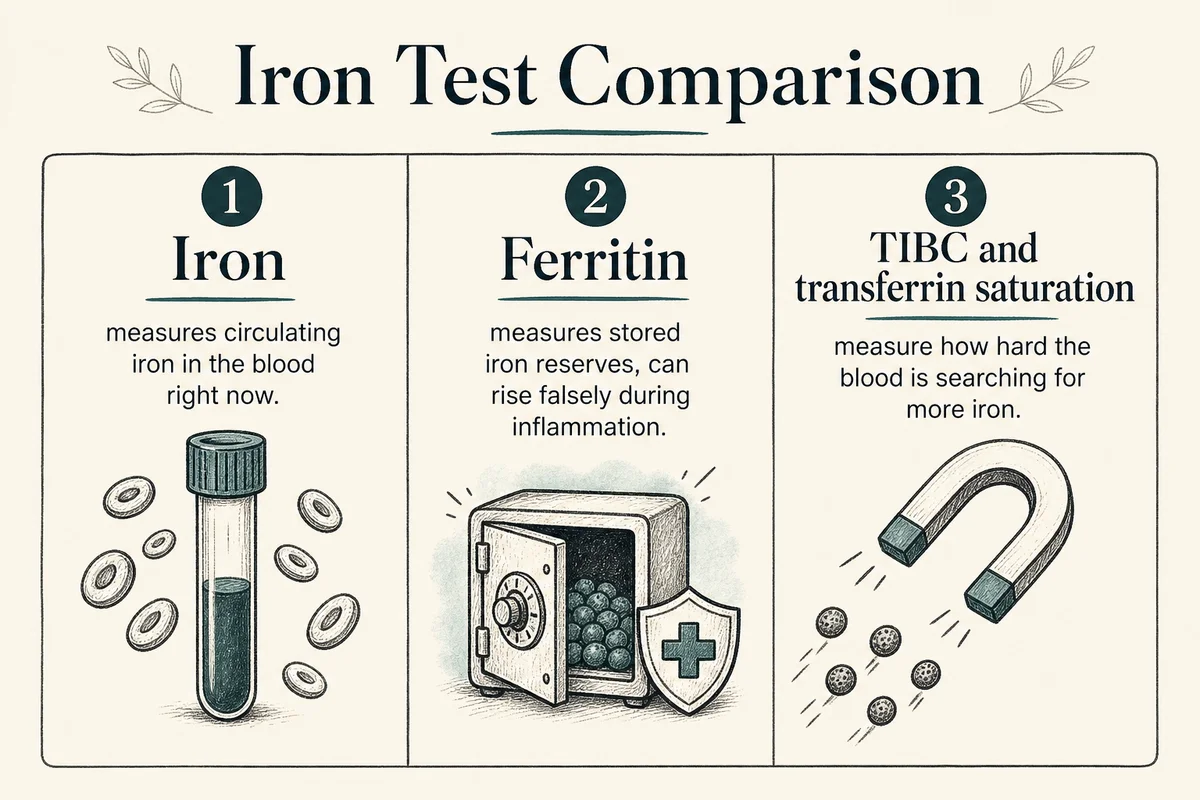 Comparison chart with three labeled columns: Iron measures circulating iron in the blood right now; Ferritin measures stored iron reserves, can rise falsely during inflammation; TIBC and transferrin saturation measure how hard the blood is searching for more iron. Charcoal hand-drawn linework, deep-teal accents, bone background, legible labels
