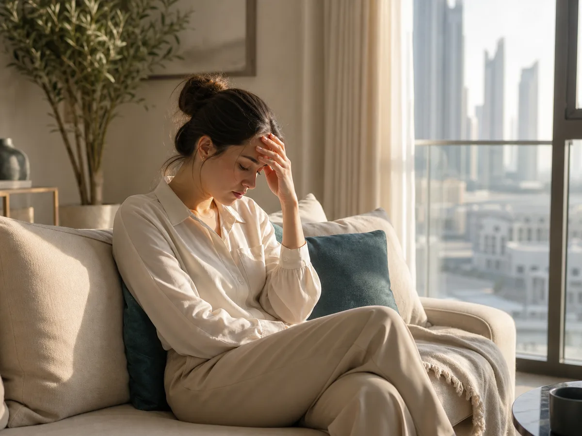 A tired-looking young professional woman resting on a sofa in a Dubai apartment in the afternoon light, hand resting on her forehead, pale complexion, no direct eye contact with the camera